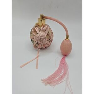 Vintage Style Fabric Wrapped Perfume Atomizer Bottle Floral Ribbon Rose Tassel